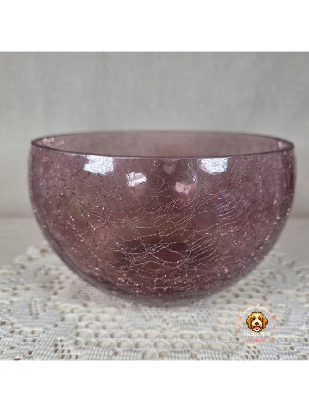 Amethyst Crackle Glass Bowl Decorative Centerpiece 7" Diameter
